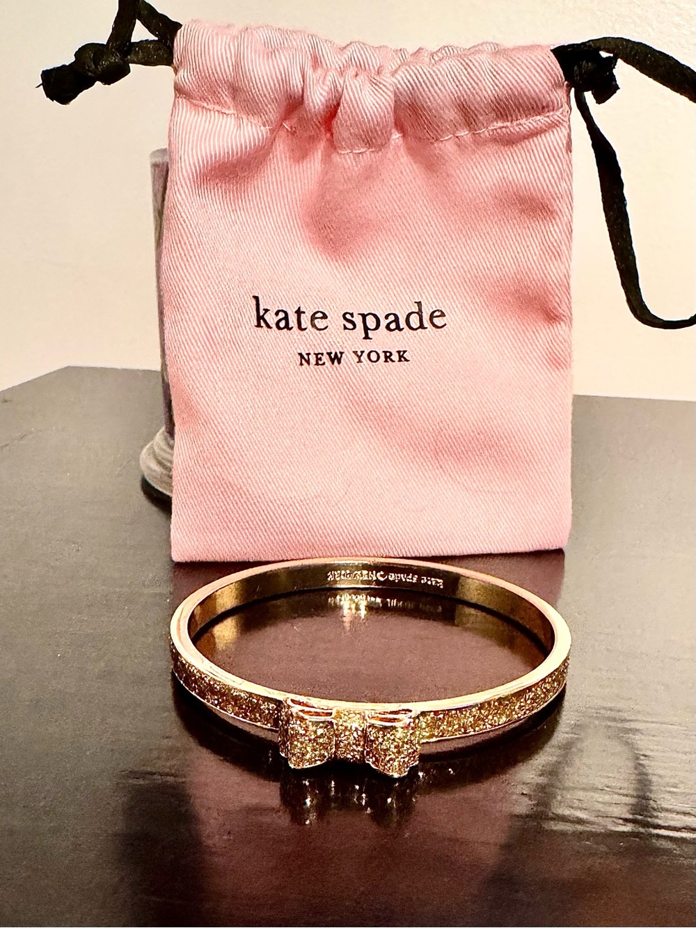 Kate Spade Gold Glitter Bow Bangle Bracelet With Kate Spade Dust Bag